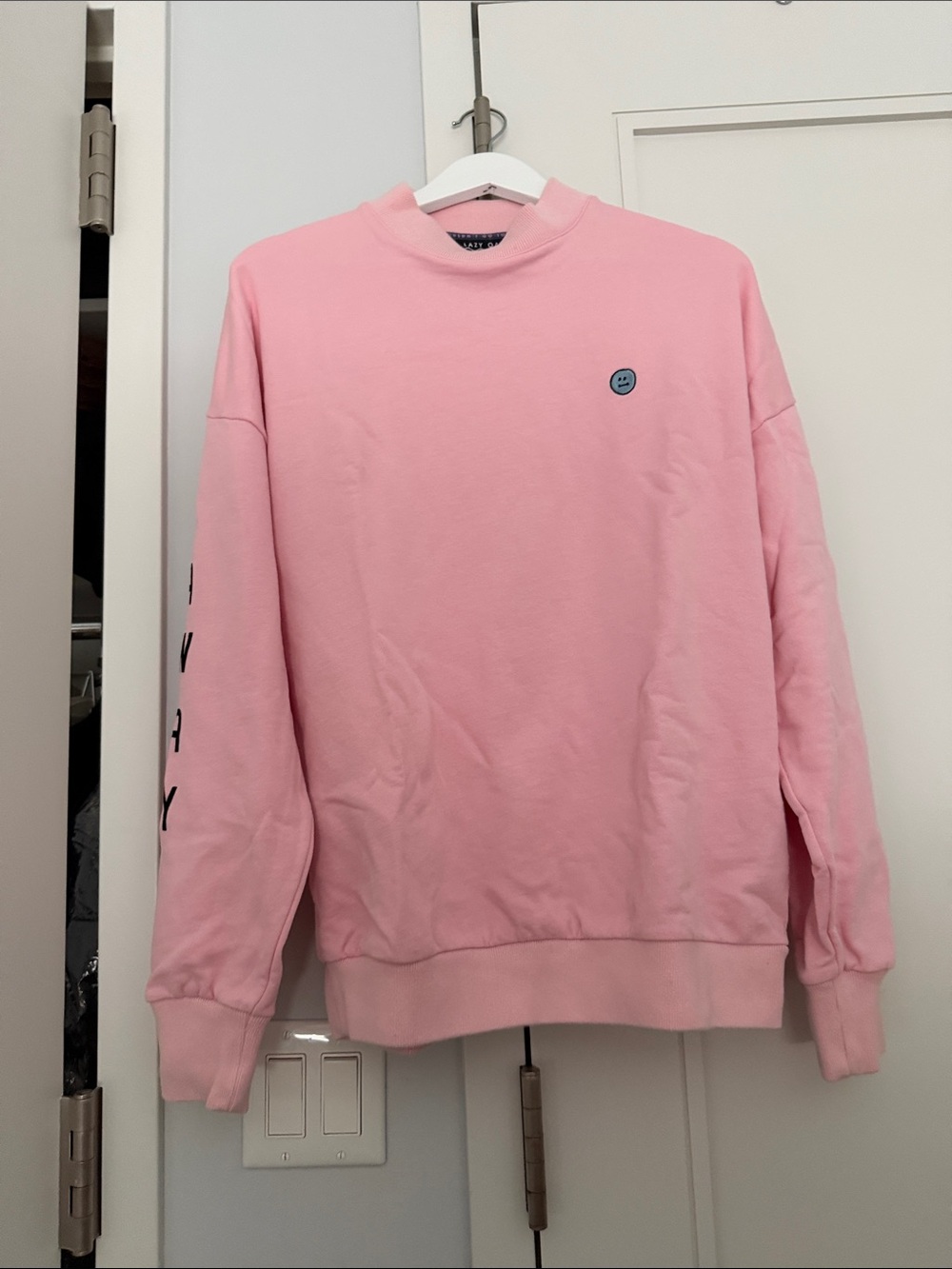 Lazy Oaf Pink Crewneck Sweatshirt with Navy Trim Detail - Picture 3 of 8